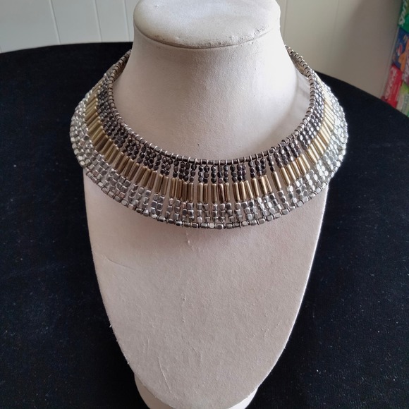 Iris Apfel & Bajalia Tri-color Metal Beaded Chunky Collar Statement Necklace